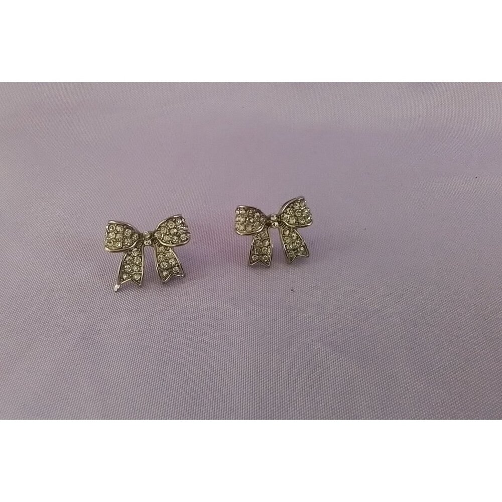 Vintage Sparkling Rhinestone Bow Stud Earrings Silver Tone